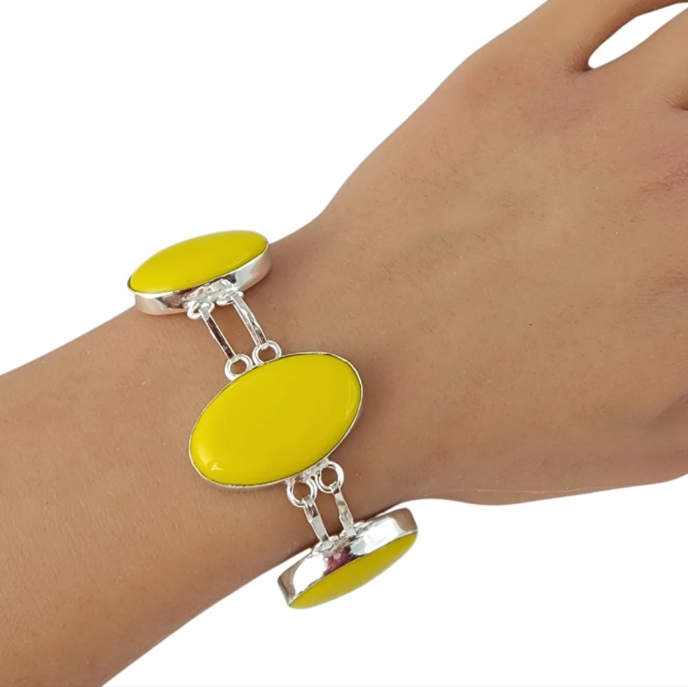 Yellow coral gemstone bracelet chunky statement silver bracelet J15